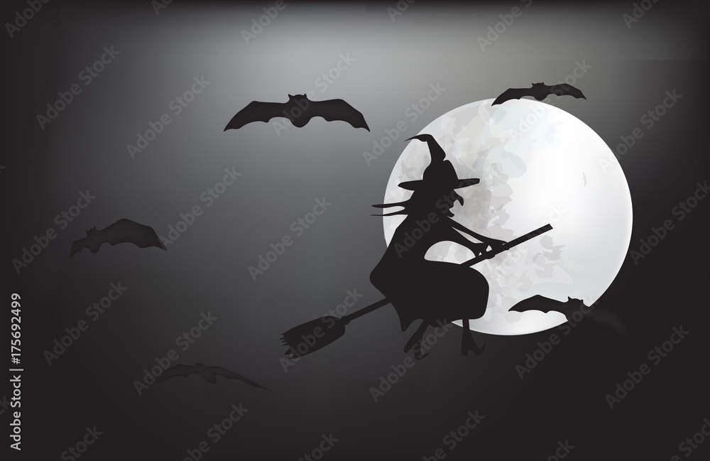 Fototapeta premium Witch flying on a broom on a full moon