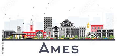 Ames Iowa Skyline with Color Buildings Isolated on White Background.