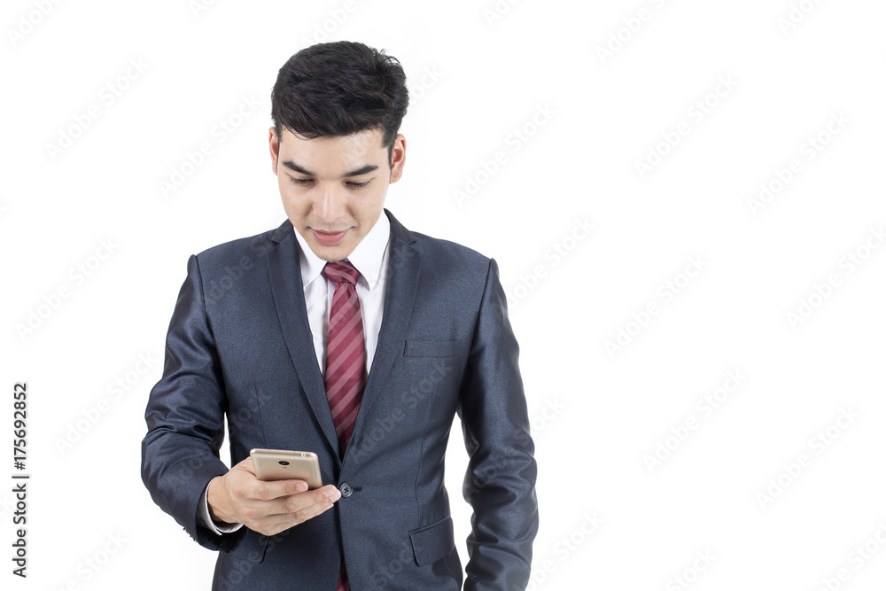 Businessman holding Smartphone isolated on white background, Businessman with Technology Concept. Businessman holding Smartphone isolated on white background, Businessman with Technology Concept.