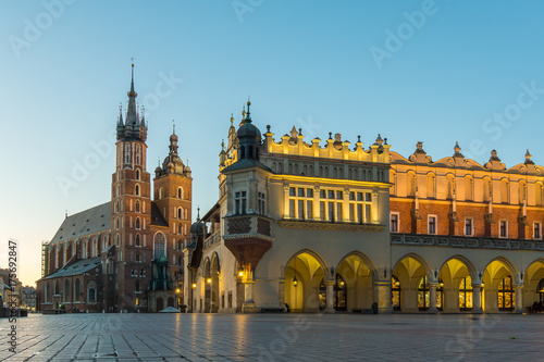 Main square in Krakow in the first beams of the sunrise. HDR-Photo