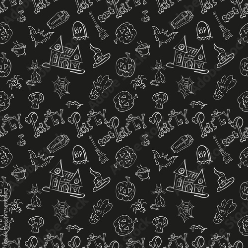 black and white seamless illustration of halloween celebration symbols 4