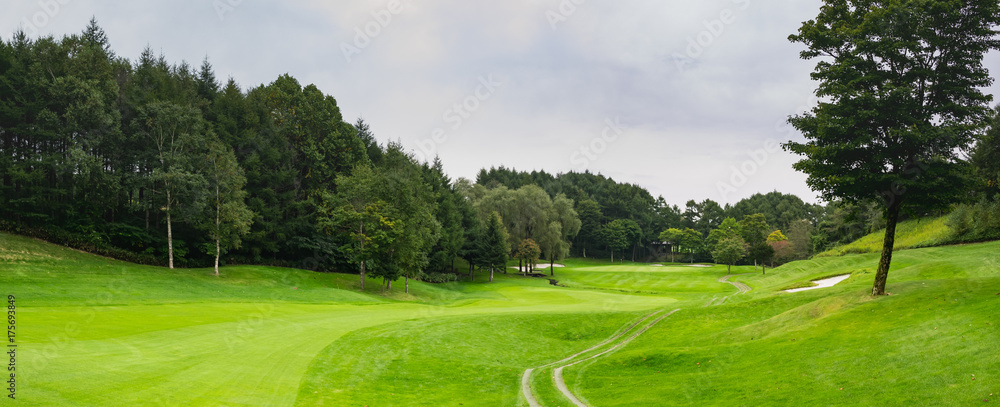 Golf Course where the turf is beautiful and green in Hokkaido, Japan. Golf is a sport to play on the turf	