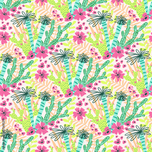 Beautiful seamless tropical jungle floral pattern background with palm trees. Vector illustration.