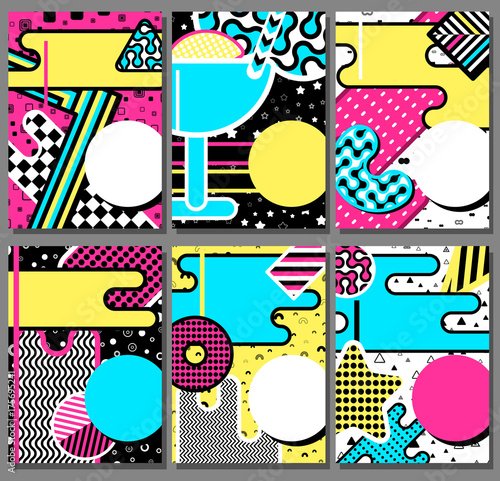 Memphis posters set , card background with simple geometric elements, patterns fashion trend 80-90s. 