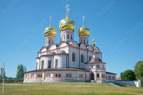 The Cathedral of the Icon of the Mother of God of Iverskaya close-up on a sunny July day. Valdai Iversky Bogoroditsky Monastery, Russia