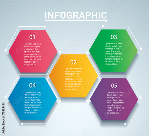 colorful hexagon infographic vector template with 5 options. Can be used for web, diagram, graph, presentation, chart, report, step by step infographics. Abstract background.