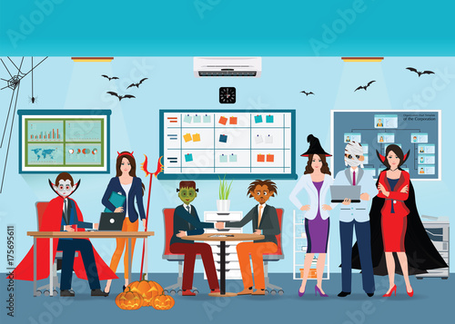 Halloween office party with People in different monster costume.