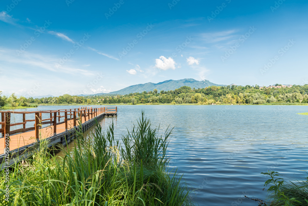 Summer landscape on the lake, north Italy.  Wooden pier on lake Varese, in the background the Campo dei Fiori and the Alps. Capolago, province of Varese