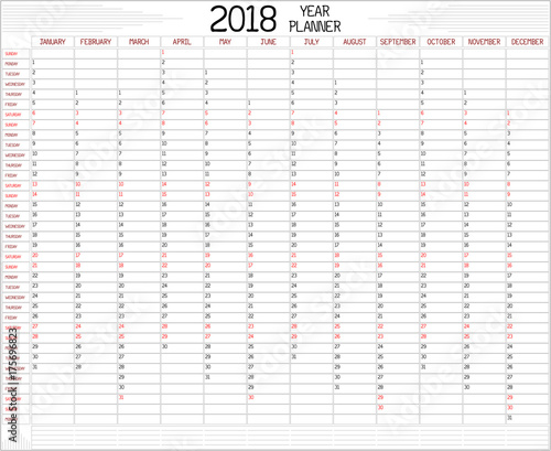 Year 2018 Planner - An annual planner calendar for the year 2018 on white. A custom handwritten style is used.