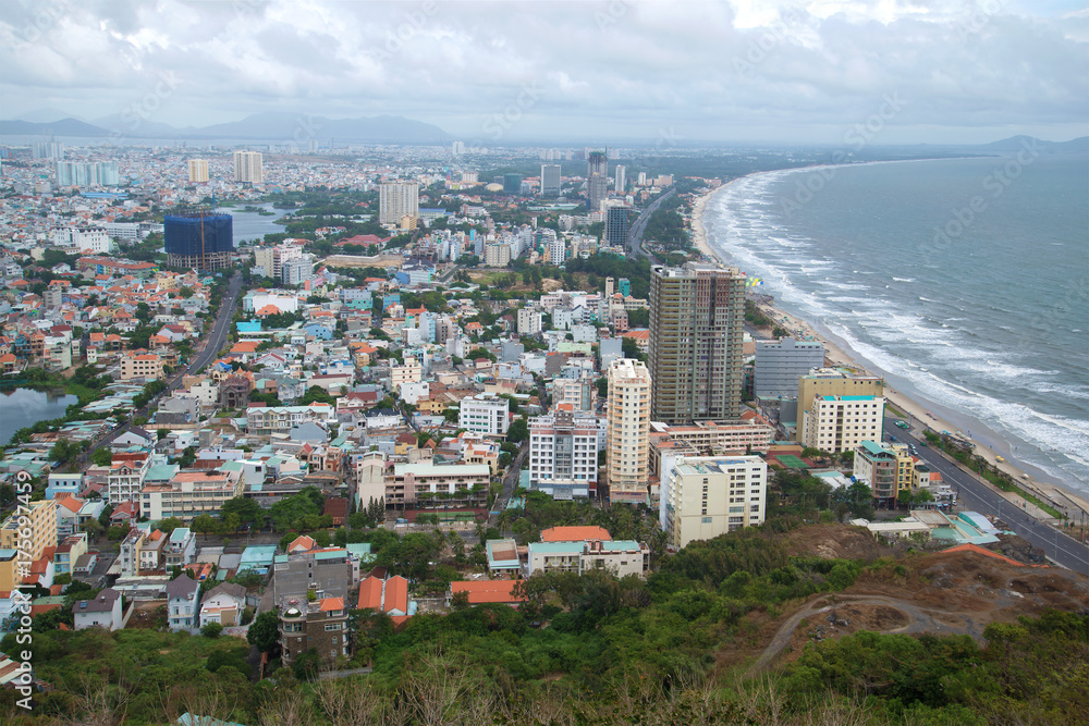 A view of the modern Vung Tau from Nho mount  overcast cloudy day. Vietnam