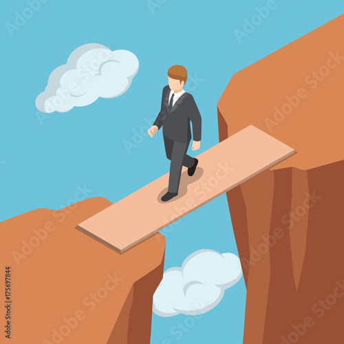 Isometric businessman walking on wooden bridge across the gap between cliff.