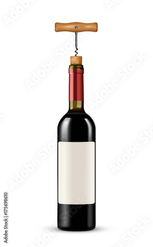 Bottle of wine with corkscrew on white background