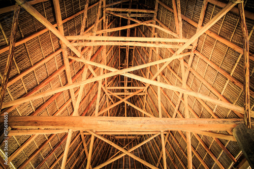 Inside Bottom View Roof Construction with Wooden Beams