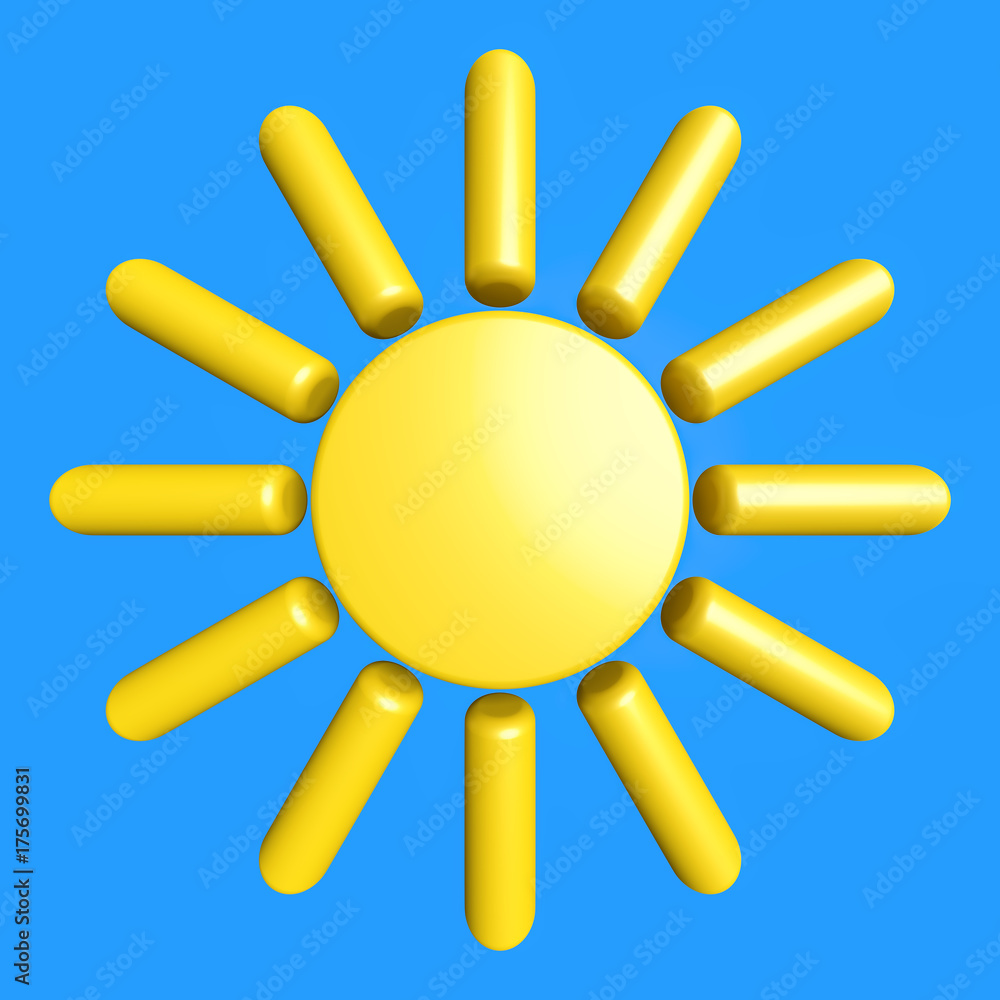 design element. 3D illustration. toy glossy plastic yellow sun on blie sky design element. 3D illustration. toy glossy plastic yellow sun on blie sky