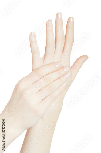 Woman hand touching the other hand painful back isolated on white  clipping path