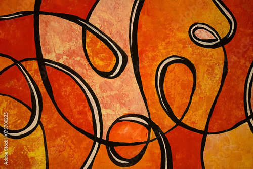 Close up photograph of an abstract painting. Swirls in shades of orange. Hand painted background on paper. 