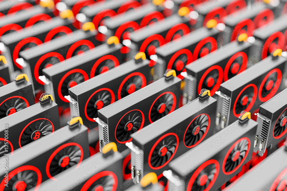 Fototapeta premium design element. 3D illustration. rendering. cryptocurrency mining farm. bitcoin and altcoins mining. graphic cards rig for Cryptocurrency mining