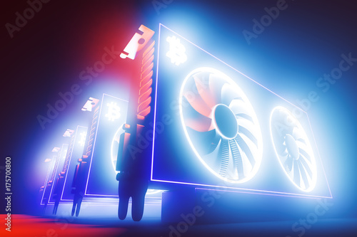 design element. 3D illustration. rendering. cryptocurrency mining farm. bitcoin and altcoins mining. graphic cards rig for Cryptocurrency mining