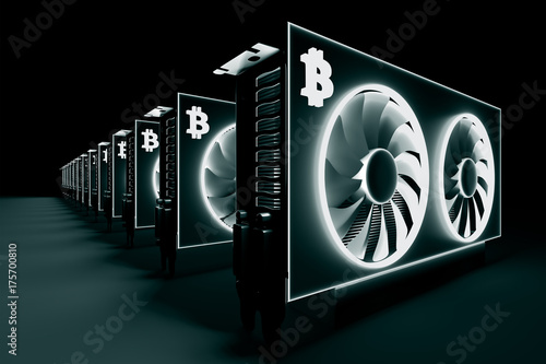 design element. 3D illustration. rendering. cryptocurrency mining farm. bitcoin and altcoins mining. graphic cards rig for Cryptocurrency mining