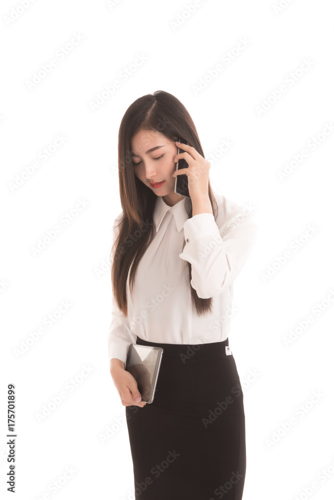 Portrait of beautiful asian business woman holding tablet, talking on the cell phone, on white background. Portrait of beautiful asian business woman holding tablet, talking on the cell phone, on white background.