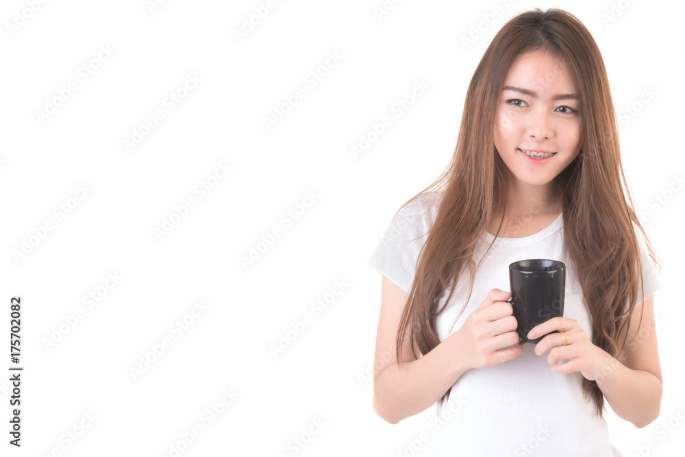 Portrait of beautiful asian woman holding coffee cup isolated on white background. Portrait of beautiful asian woman holding coffee cup isolated on white background.