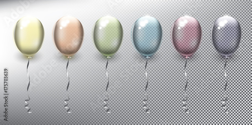 Set of 6 helium balloons in pastel colors. Inflatable air flying balloons. Isolated and transparent with realistic glass shine and shadow on the light background. Vector illustration. Eps10.