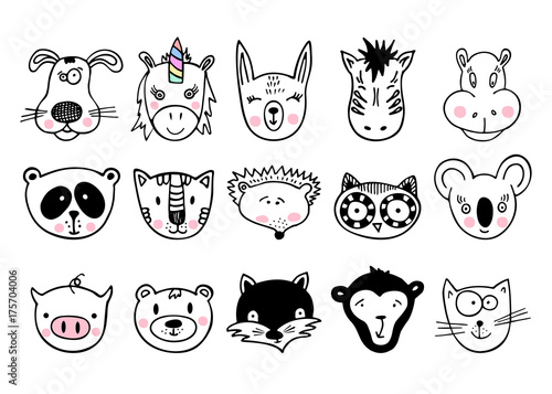 Hand drawn animals, set of cute doodle.