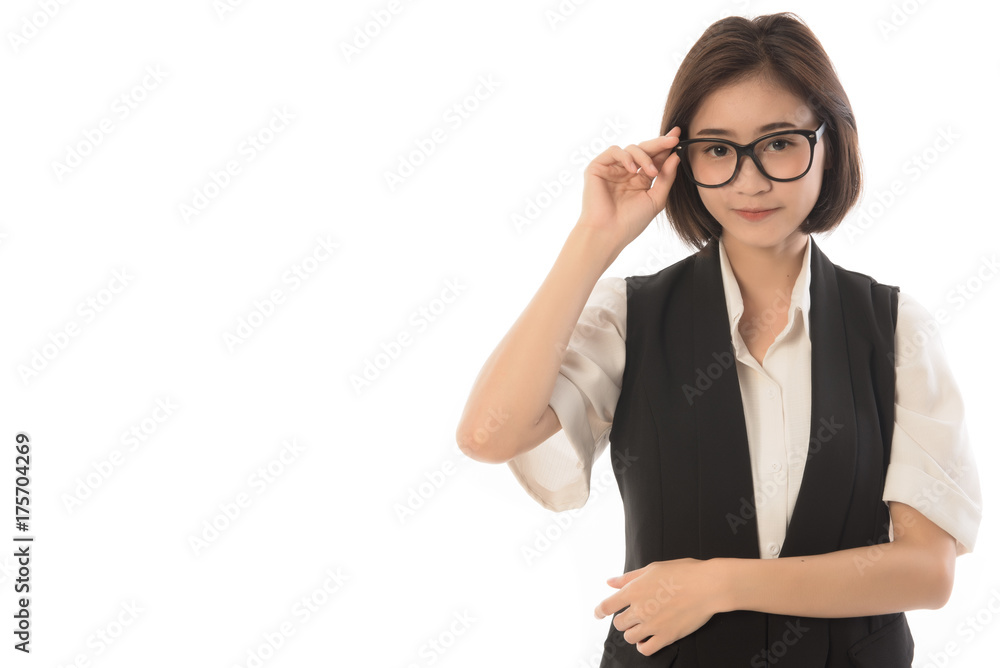 Portrait of business woman in glasses isolated on a white background.