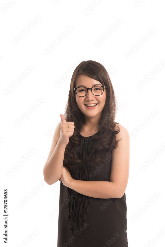 Asian business woman portrait in studio on white background. Business girl crossed arms and giving thumb up successful concept. Asian business woman portrait in studio on white background. Business girl crossed arms and giving thumb up successful concept.