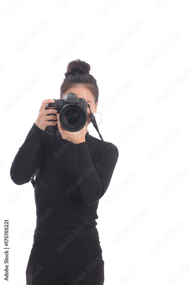 Woman photographer takes images with dslr camera in studio on white background. Asian woman use camera. Woman photographer takes images with dslr camera in studio on white background. Asian woman use camera.