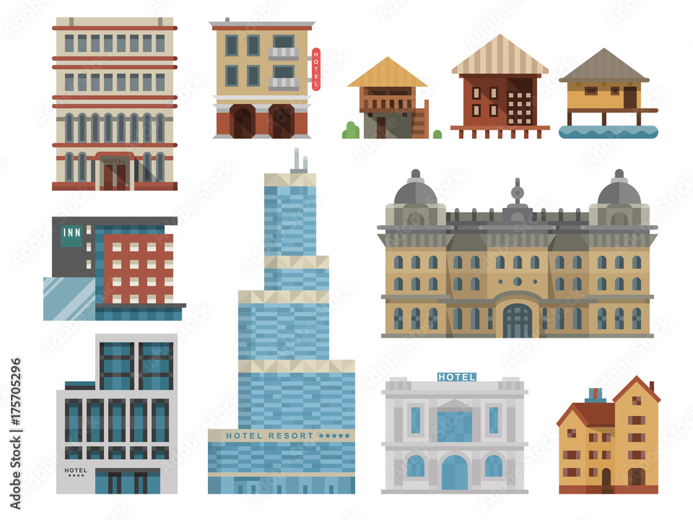 Different buildings hotels for tourist and travalers places vacation time apartment urban town facade vector illustration.