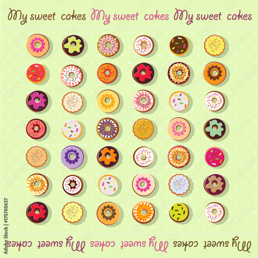 Set of different donut icons. Different donuts on a light green background. Set of different donut icons. Different donuts on a light green background.