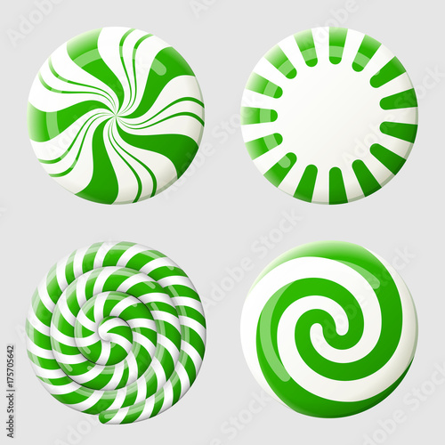Christmas round candy set. Striped peppermint candies without wrapper. Best vector design element for christmas, new years day, dessert, winter holiday, sweet-stuff, new years eve, food, etc