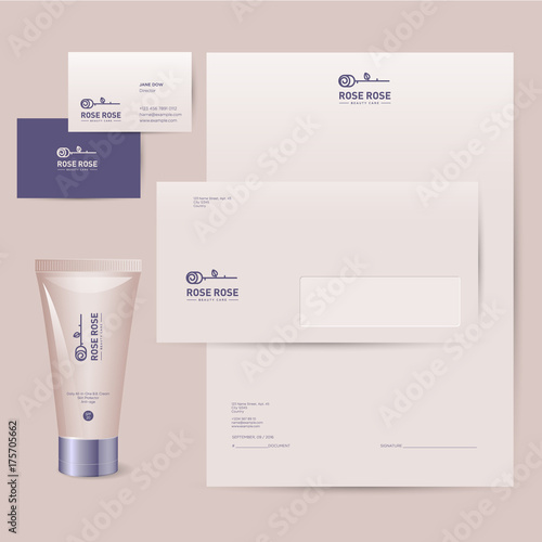 Rose logo. Rose emblem. Cosmetics brand corporate identity. Business cards, letterhead, envelope and mock up branded product.