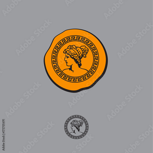 Greek style logo. Ancient portrait of a woman. Aphrodite, Venus,  Diana goddess emblem.