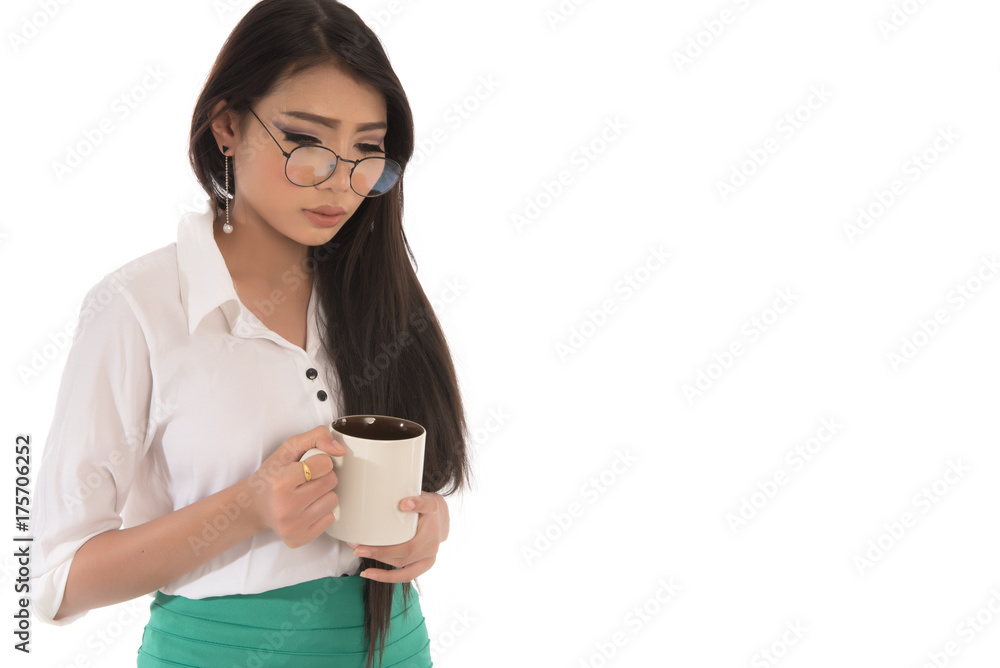 Business asian woman portrait with coffee cup , isolated on white background. Female model with long hair wearing eyeglasses.