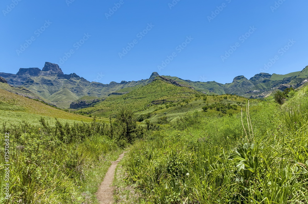 Path, walk to Thukela waterfall in Royal Natal Park Drakensberg mountain, South Africa