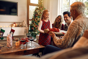 Cute little girl receiving a gift for christmas