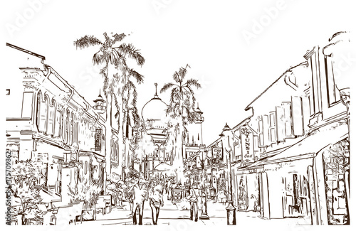 Sketch of Sultan Mosque in Singapore in vector illustration.
