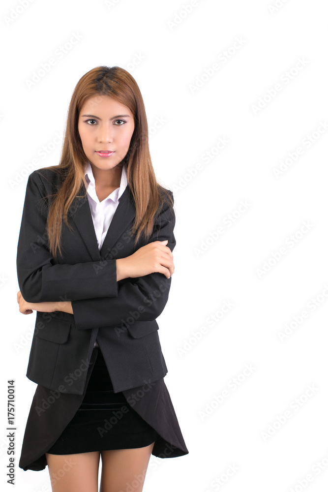 Portrait of a asian business woman crossed arms look at camera isolated on a white background. Business success concept. Portrait of a asian business woman crossed arms look at camera isolated on a white background. Business success concept.