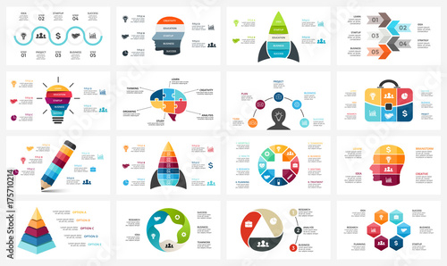 Vector circle arrows infographic, cycle diagram, business graph, presentation chart. Options, part, step, process. Human head puzzle brain, light bulb, briefcase, timeline, startup rocket, pyramid