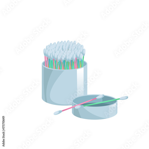 Cartoon trendy flat style cotton swabs in open container icon. Cartoon colorful ear and cosmetic buds. Vector hygiene sticks. Bath and makeup symbols.