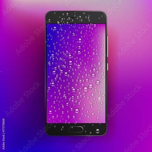 Vector smart phone with waterdrops on blank screen with colorful wallpaper.