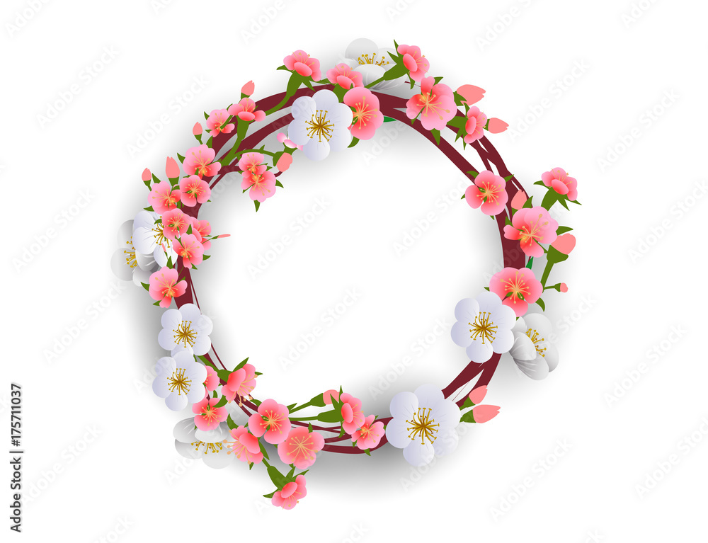 Easter banner with flower wreath isolated. Vector illustration.