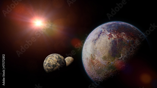 Fototapeta Naklejka Na Ścianę i Meble -  alien planet with moons orbiting a bright distant star