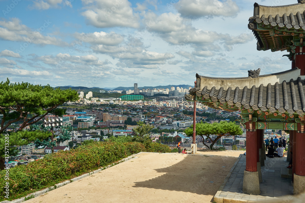Historic Pavilion of Hwaseong Fortress on a hill with nice view at Suwon City, South Korea