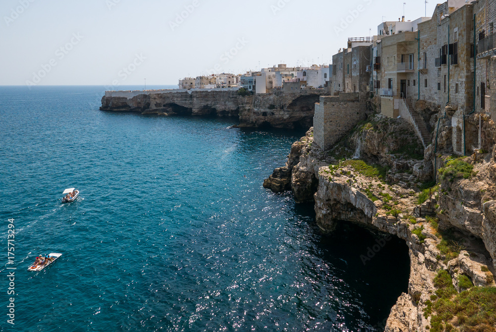 Polignano a mare breathtaking sight, Puglia, Italy. Italian panorama. Cliffs on adriatic sea.