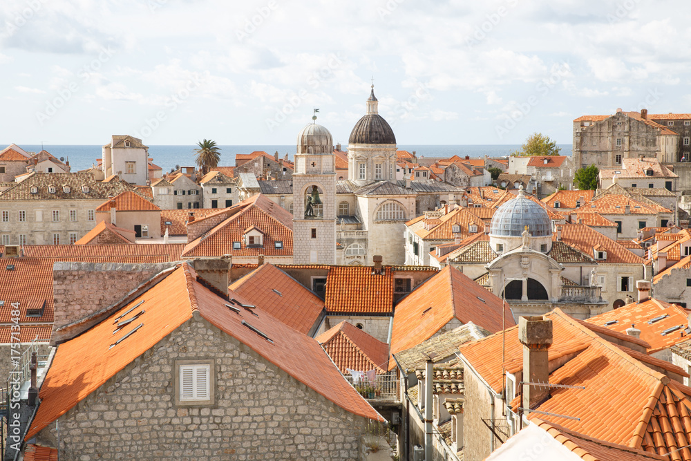 Church domes and red roofs of old Dubrovnik, a city on the Adriatic Sea. Croatia