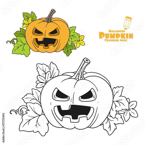 Lantern from pumpkin with the cut out of a terrible grin and leaves color and outlined for coloring page
