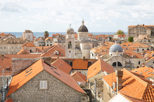 Church domes and red roofs of old Dubrovnik, a city on the Adriatic Sea. Croatia